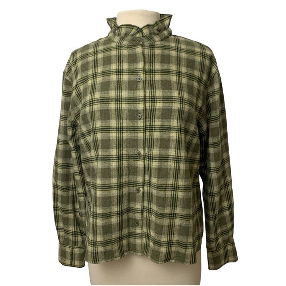 Banana Republic Plaid Ruffle Collar Button Down Shirt Women’s M Wool Blend Green - Picture 2 of 10